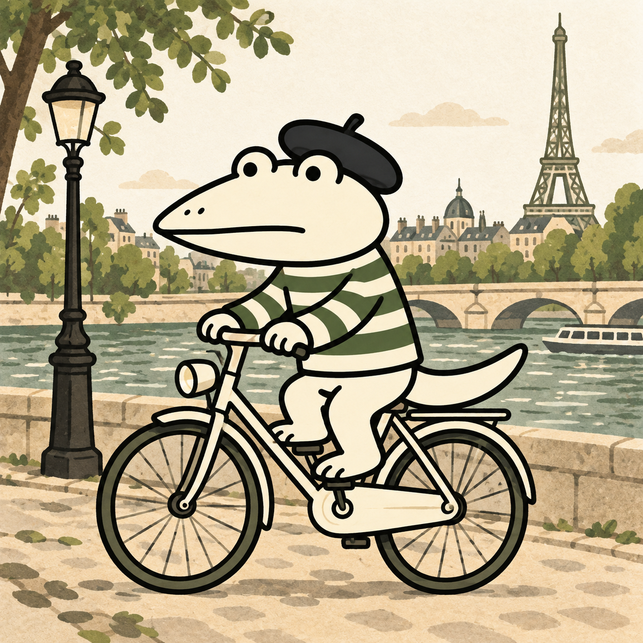 Le Croc riding a vintage bicycle beside the Seine