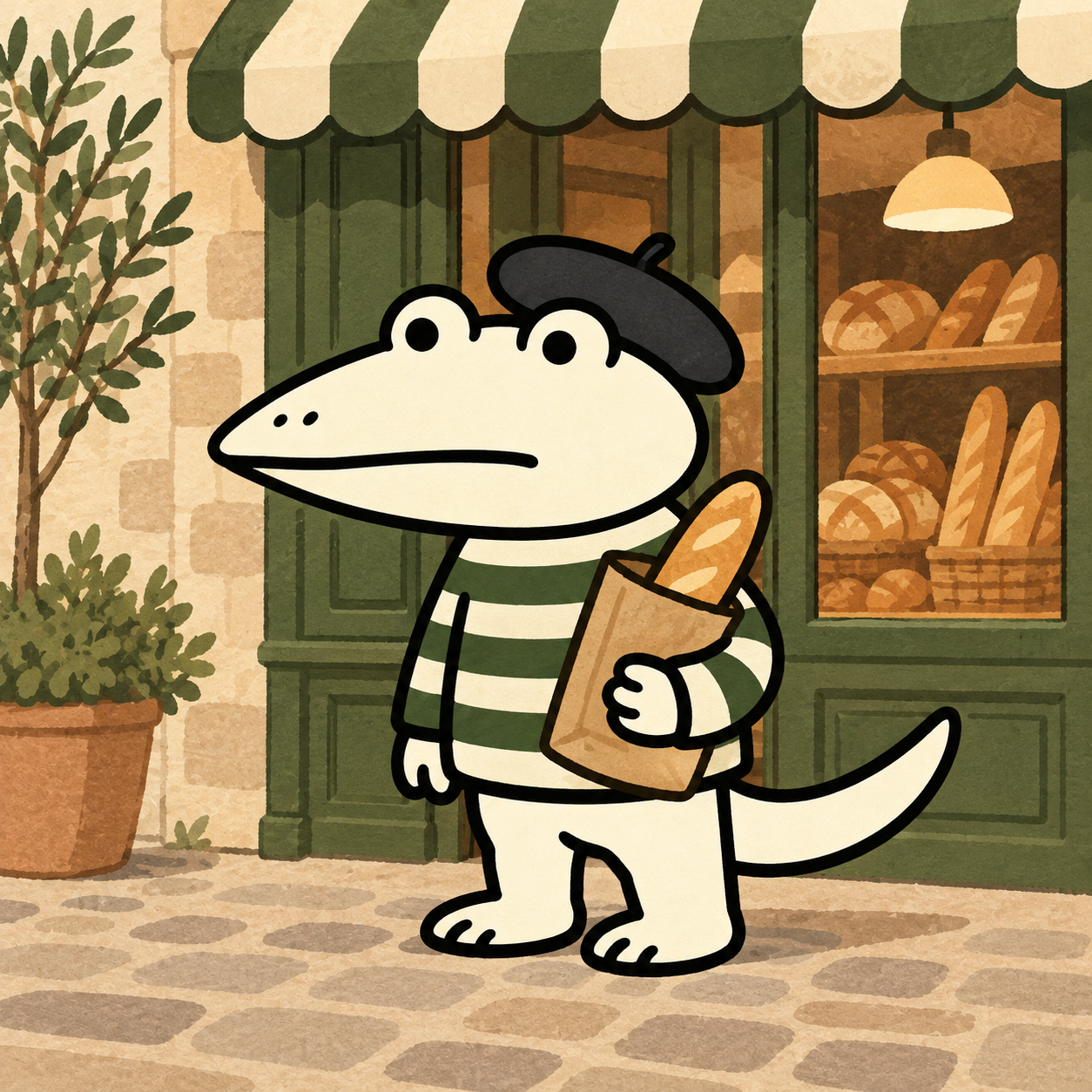 Le Croc carrying a fresh baguette outside a bakery