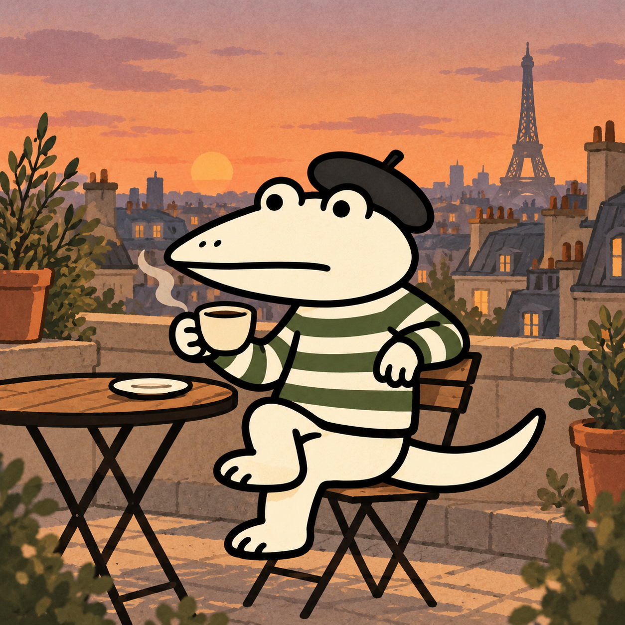 Le Croc enjoying a quiet evening on a Paris rooftop